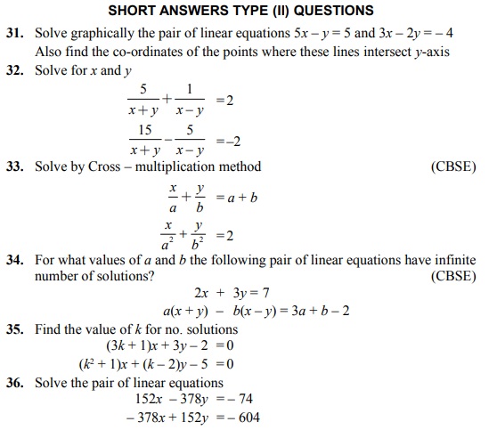 WORKSHEET 3 CLASS X PAIR OF LINEAR EQUATION IN TWO VARIABLES - UNIQUE ...